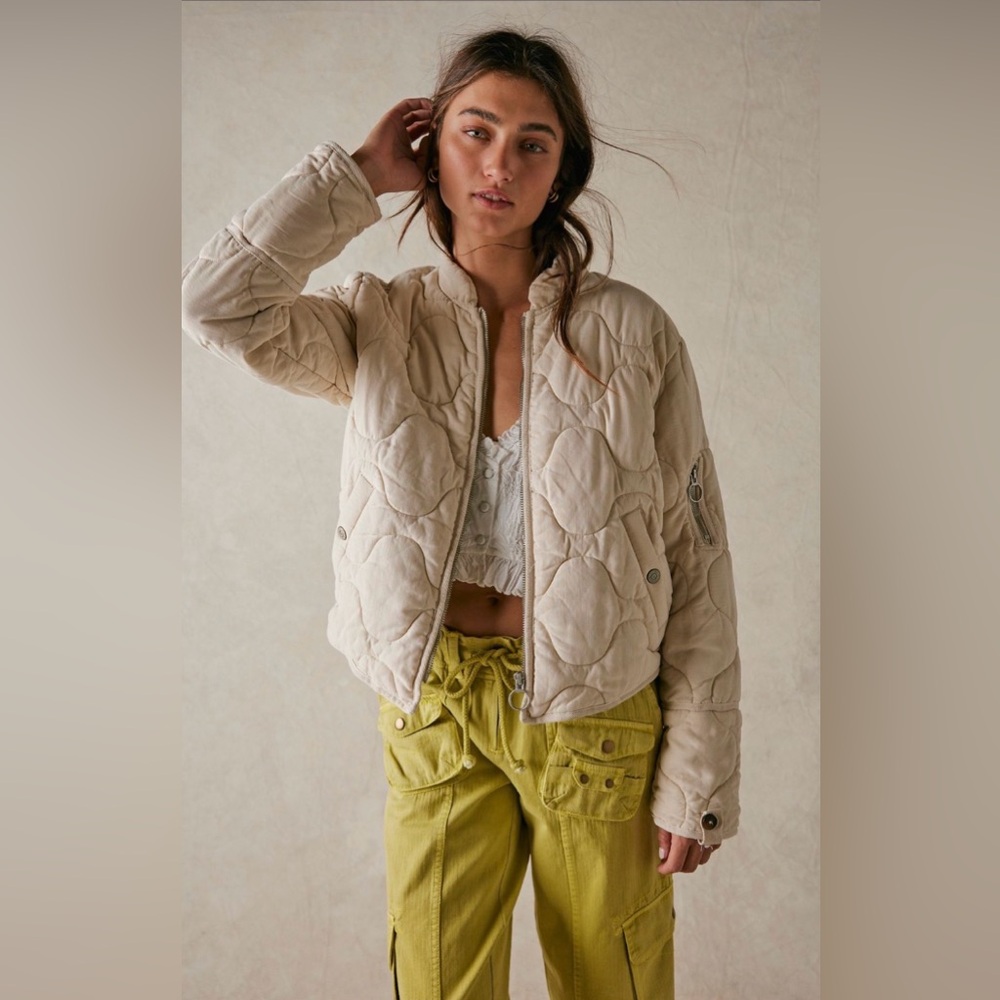 Free People Aura Liner Jacket - Cream Quilted Cropped